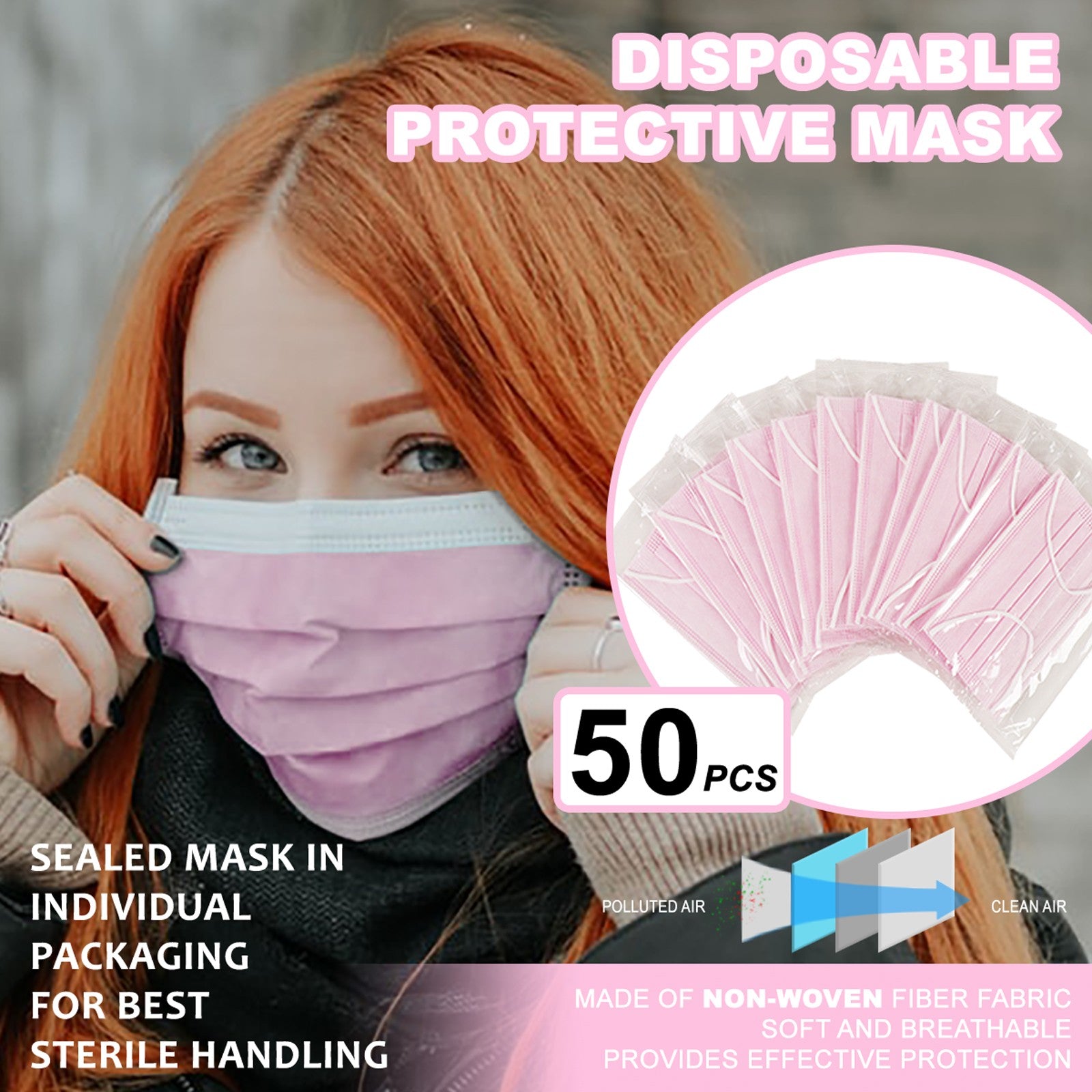 [individually Wrapped] 50 Pcs Pink Disposable Face Mask 3-Ply Non