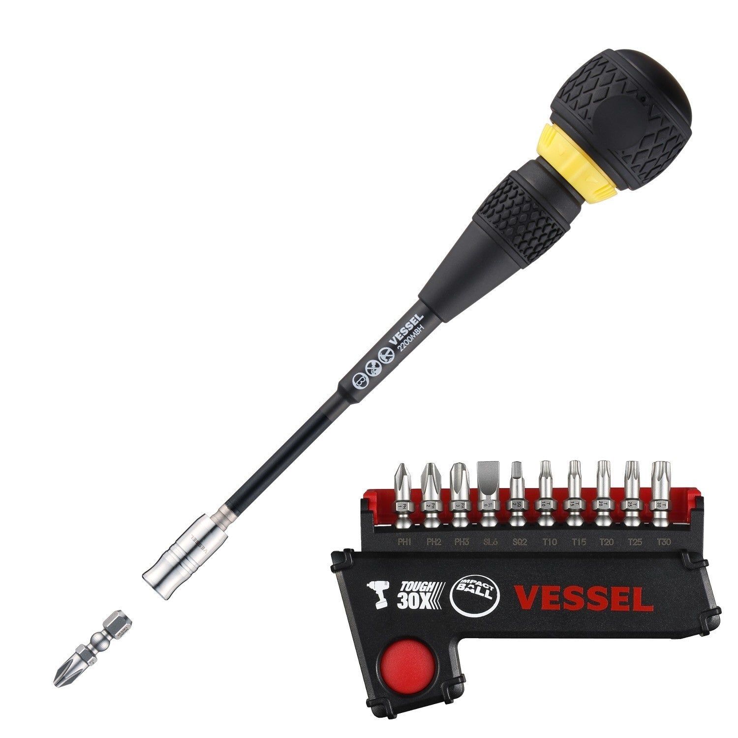Vessel Ball Grip Ratcheting Screwdriver with 11pc Bit Set