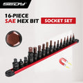 16PC Hex Bit Socket Set Magnetic Rail Organizer 1/4" - 9/16" Garages
