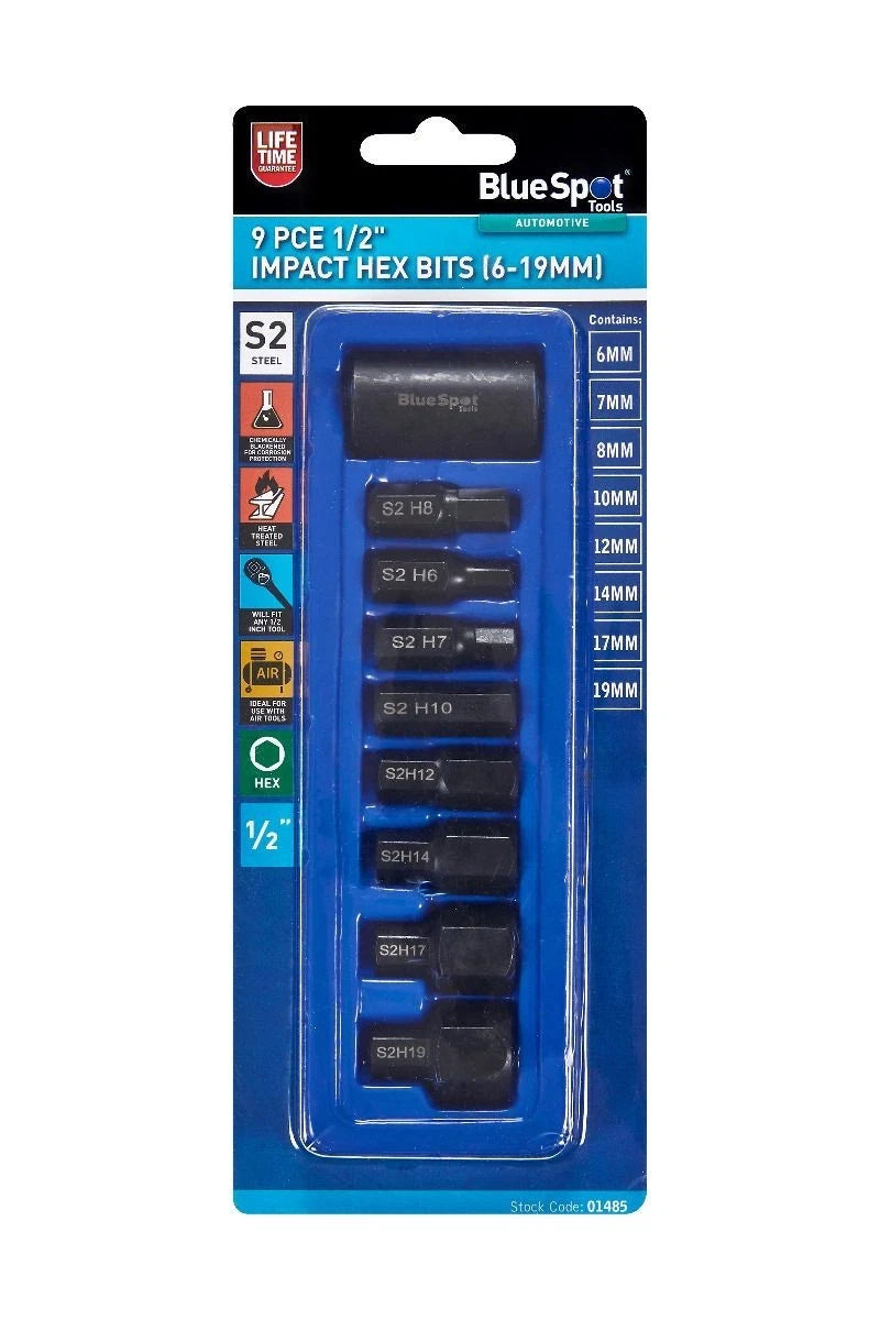 Blue Spot 1/2" Drive Impact Hex Bit Socket Set 6-19mm S2 Steel Allen