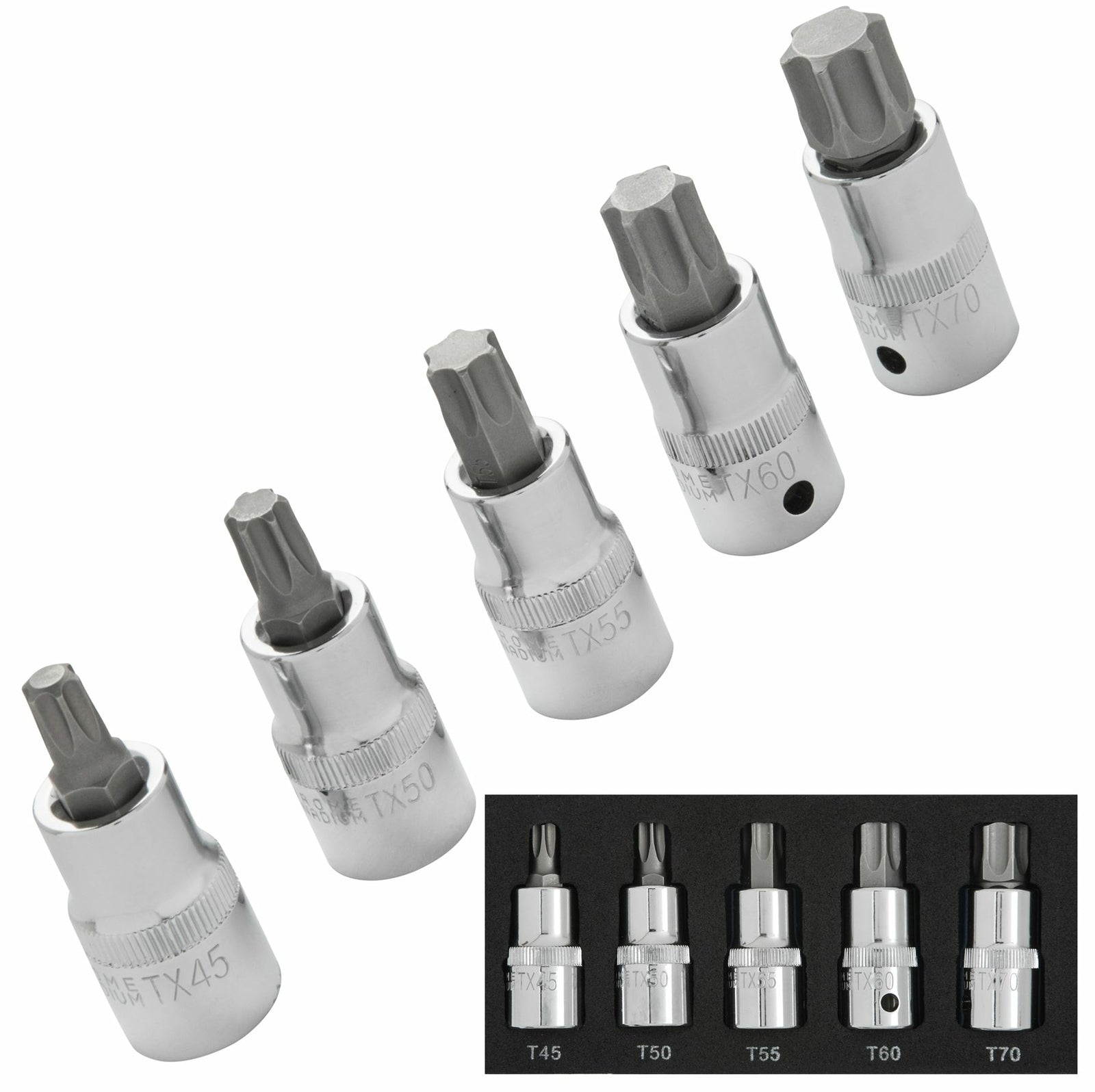 Bluespot 5pc Torx Bit Socket Set T45 - T70 1/2" Drive Male Star Sockets 01505Ope