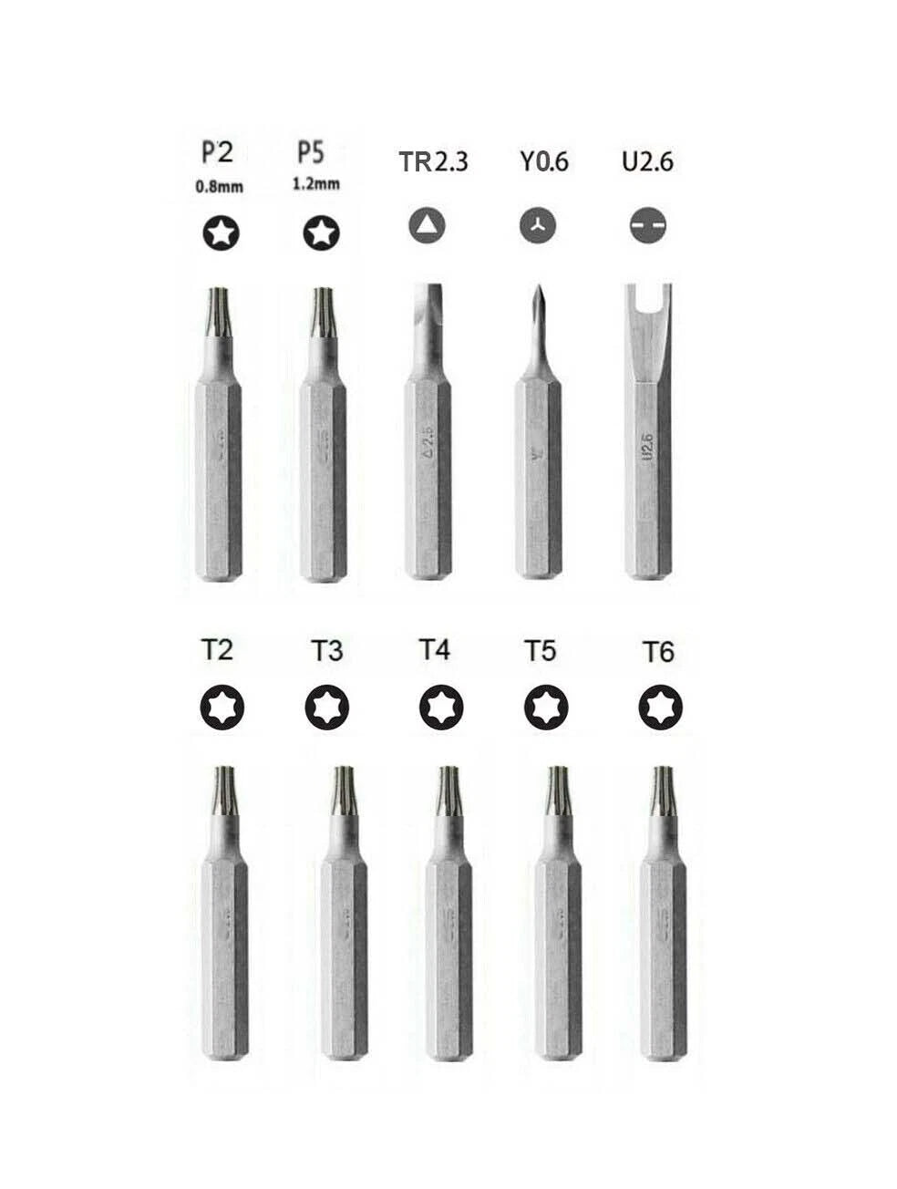 Precision Screwdriver Bits Option: Pentalobe 0.8,1.2mm/Torx T2-6,Y0.6,U2.6<wbr/>,TR2.3