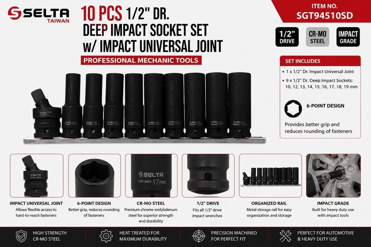 Selta Taiwan Set 1/2" Dr 6pt Cr-mo Deep Impact