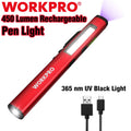 WORKPRO 450 Lumen LED Pocket Flashlight USB Rechargable Pen Light UV Black Light