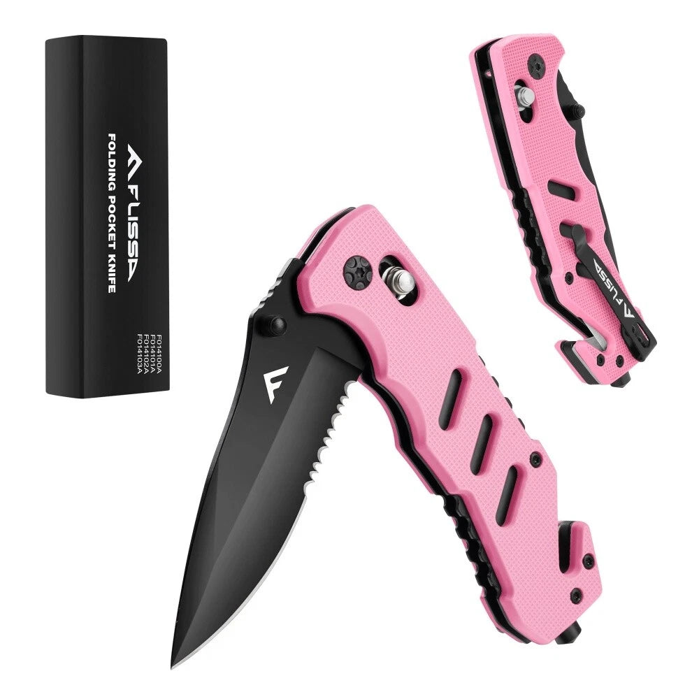 FLISSA Folding Pocket Knife w/Clips Survival Knife Seatbelt Cutter Glass Breaker
