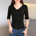 Seven Quarter Sleeve Women's V-neck Polyester Top Solid Color Casual