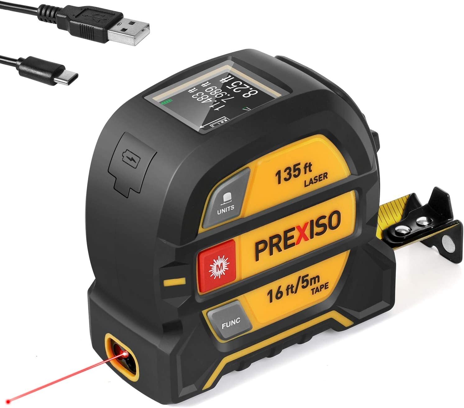 PREXISO 2-in-1 Laser Tape Measure 135Ft Rechargeable Laser & 16Ft