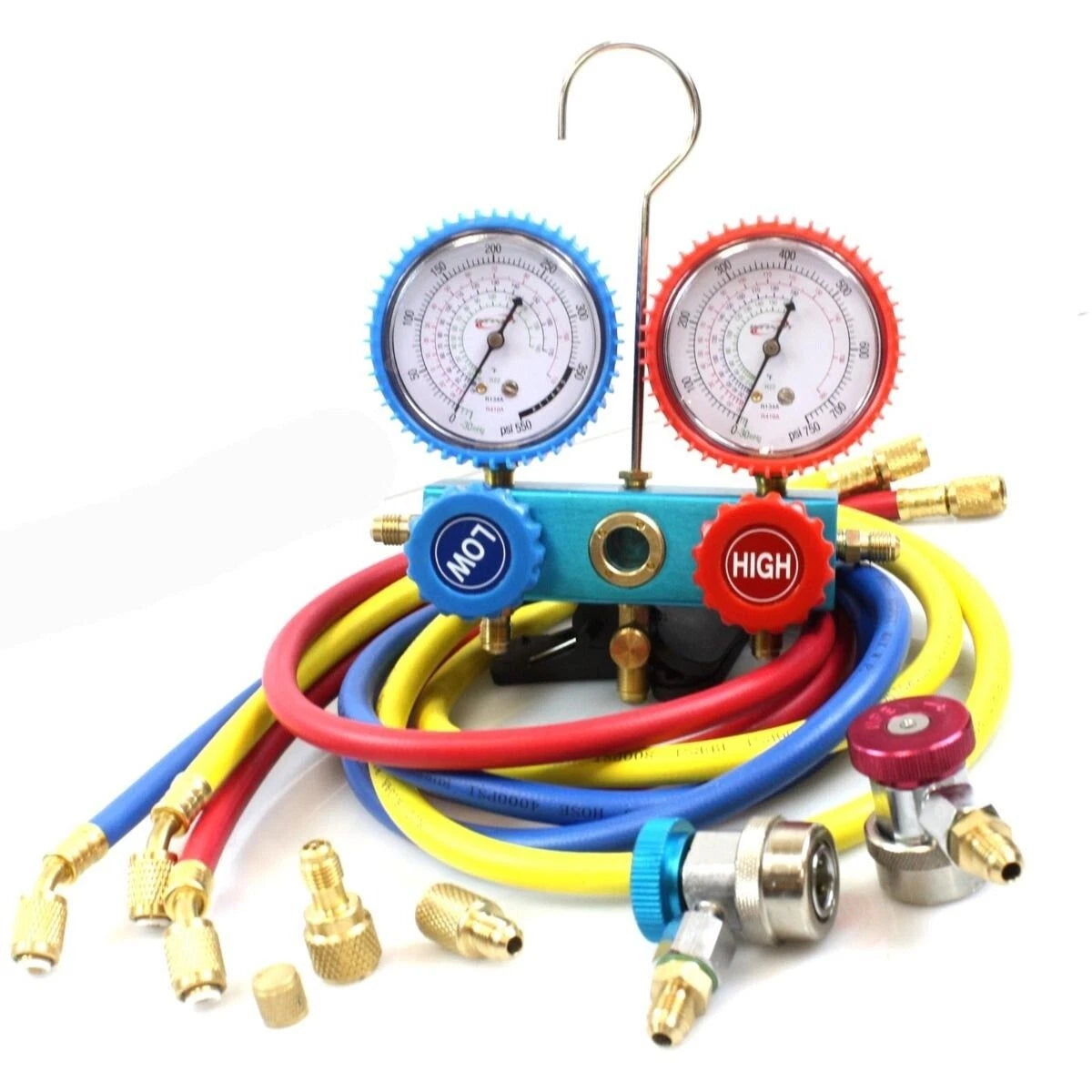R410a R134a Hvac Ac Manifold Gauges W/3 Charge Hoses Quick Adapter