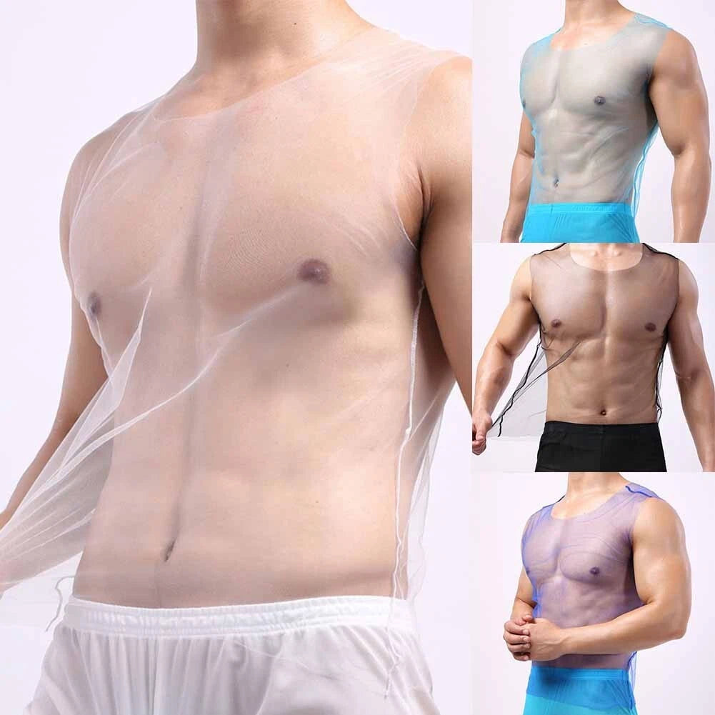 Men T-shirt Vest See Through Solid Color T-shirt Tank Top Breathable