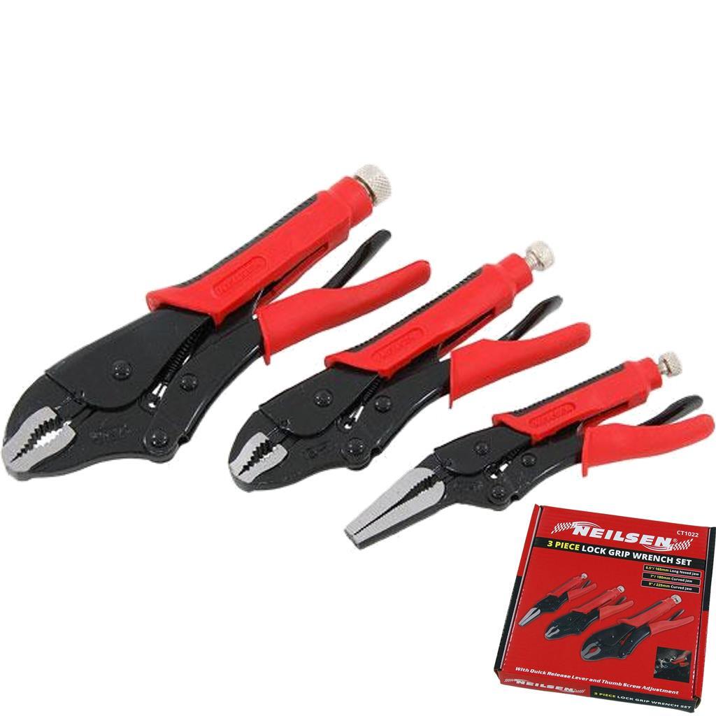 Neilsen 3pc Locking Mole Grip Vice Plier Set Long Nose Adjustable Wrench PliersO