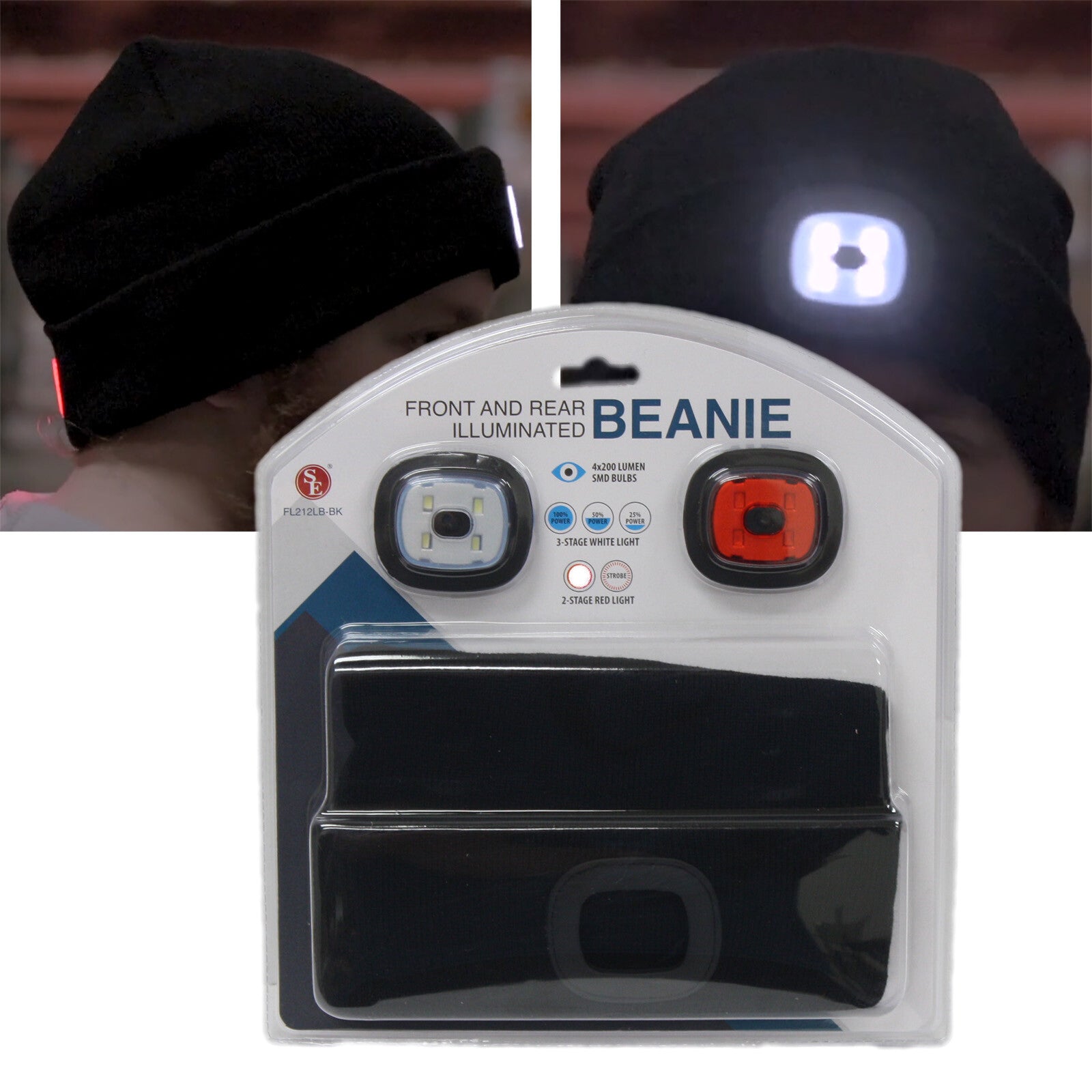 Front & Rear Illuminated Beanie Flashlight White Red 4x200 Lumen LED Hat Cap BLK