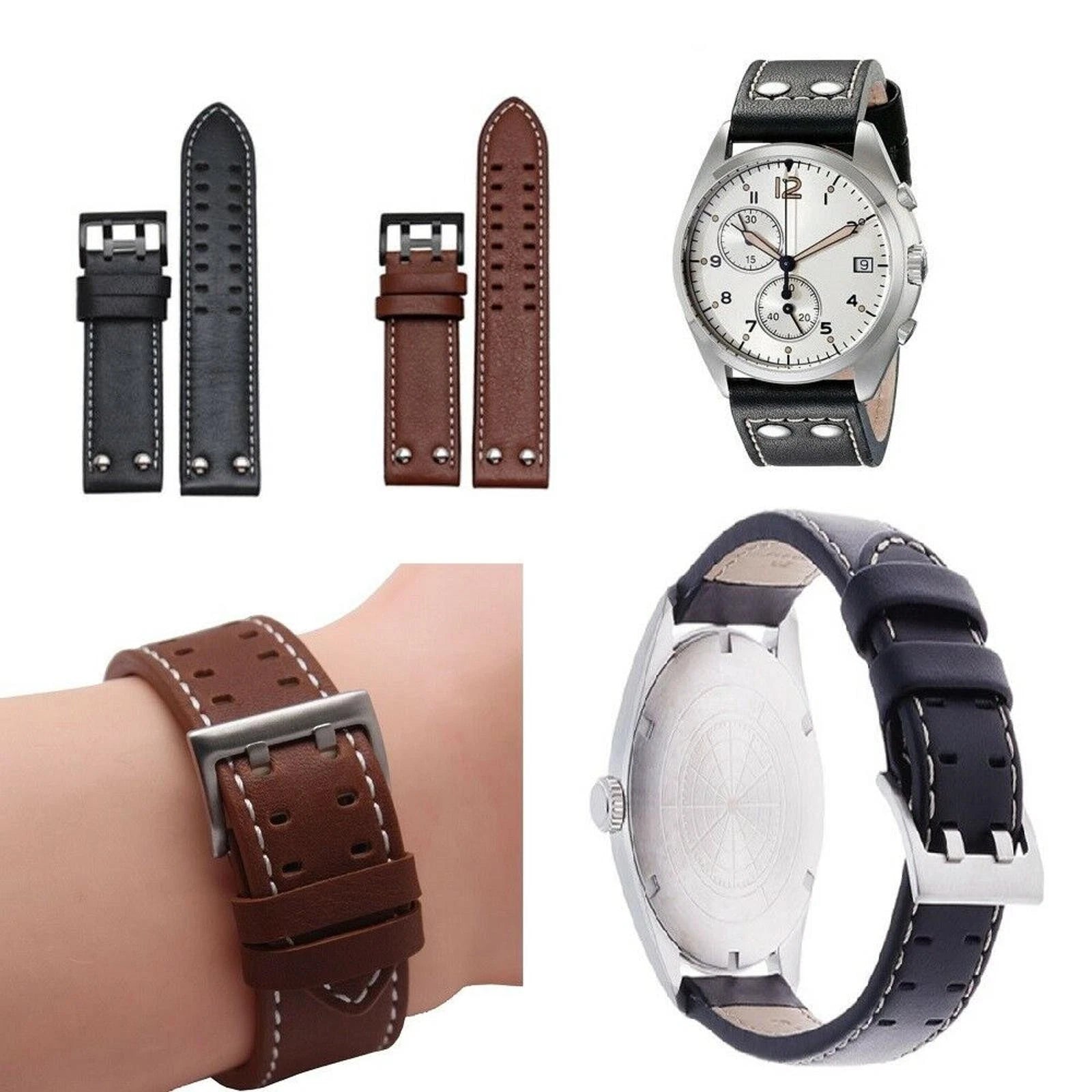 22mm Double Prong Genuine Leather Watch Band Strap For Hamilton