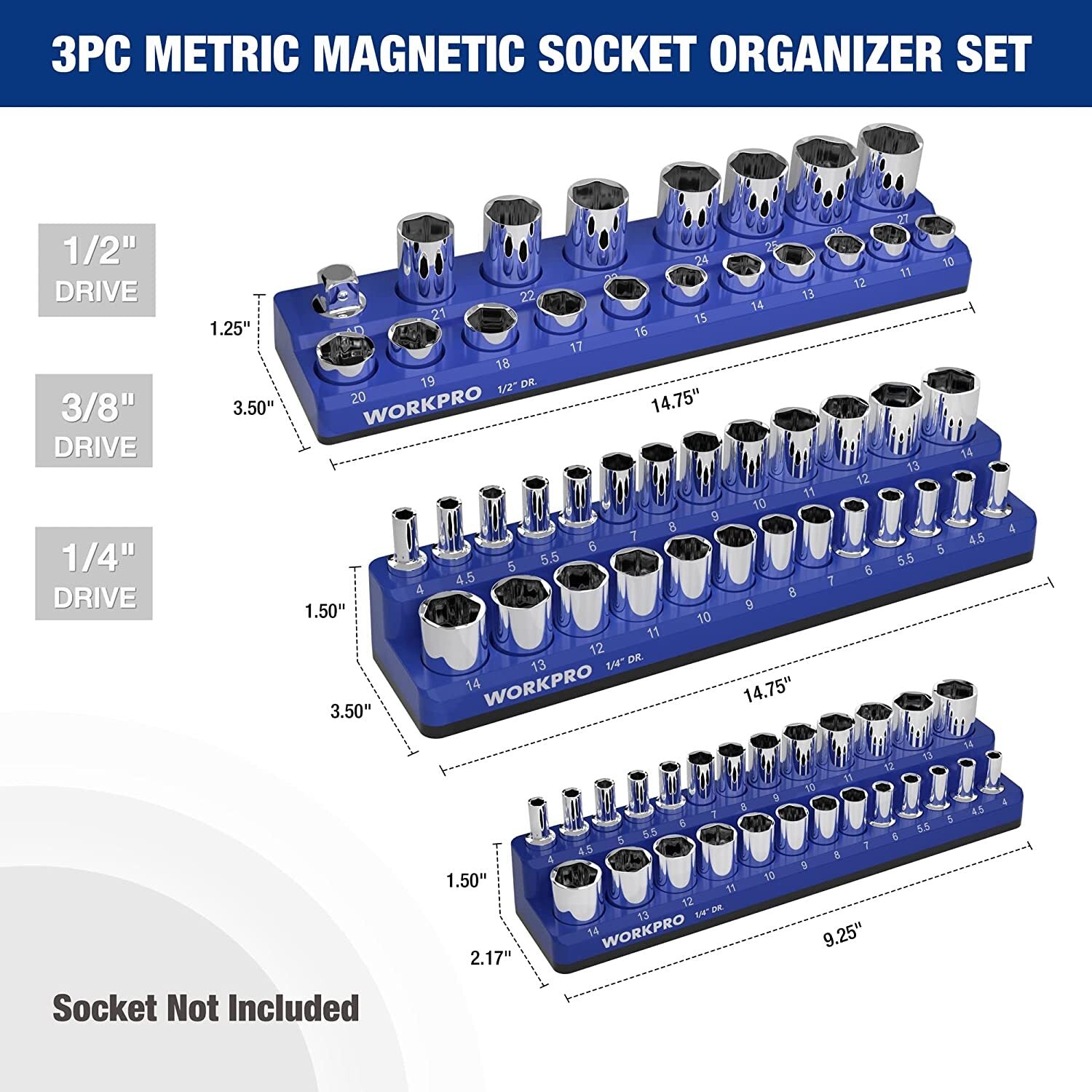 WORKPRO Magnetic Socket Organizer Set 1/4", 3/8" & 1/2" Driv