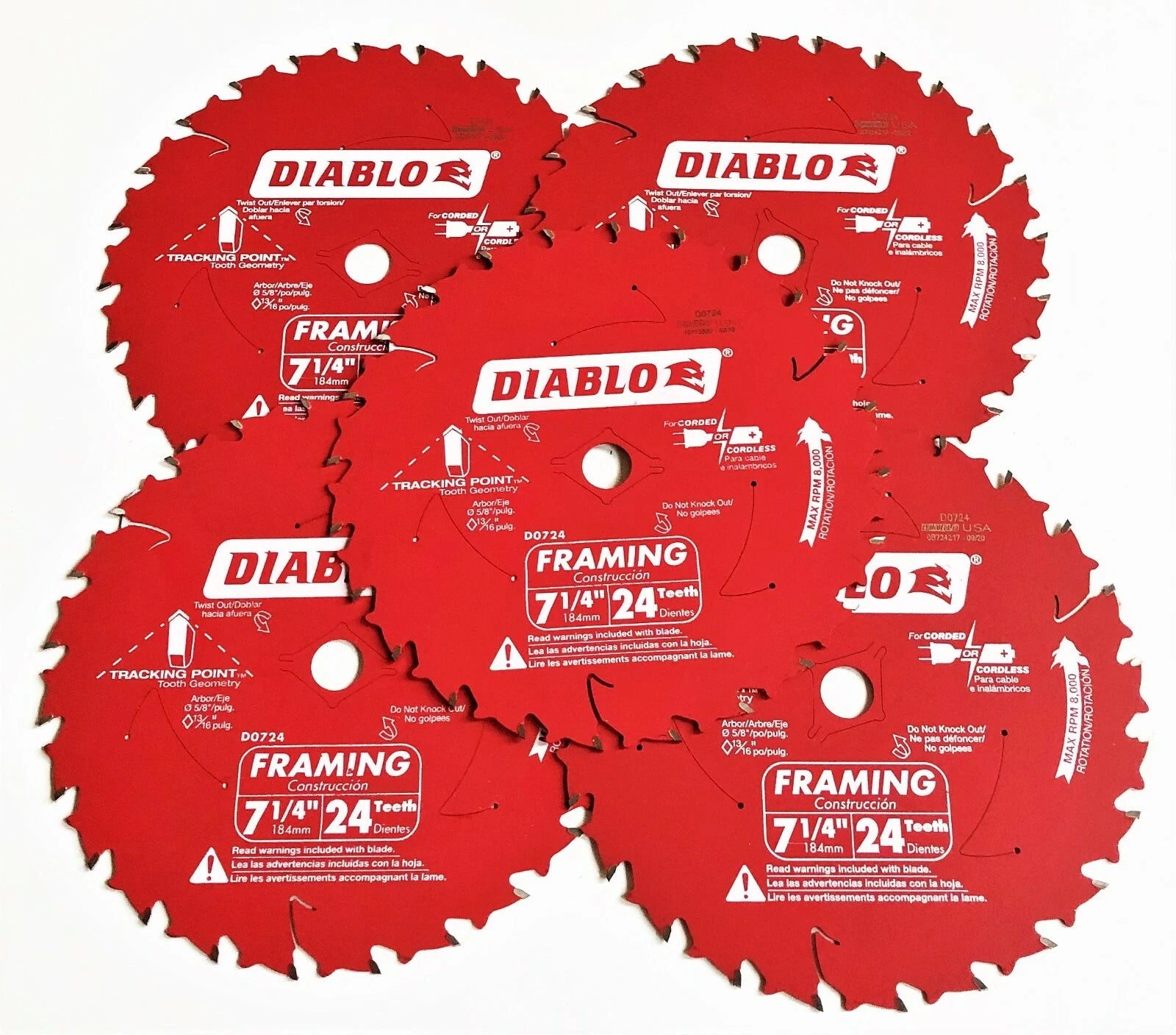 5 DIABLO 7-1/4" CARBIDE TIP CIRCULAR SAW BLADES 24T 24 TOOTH FRAMING D0724 FREUD