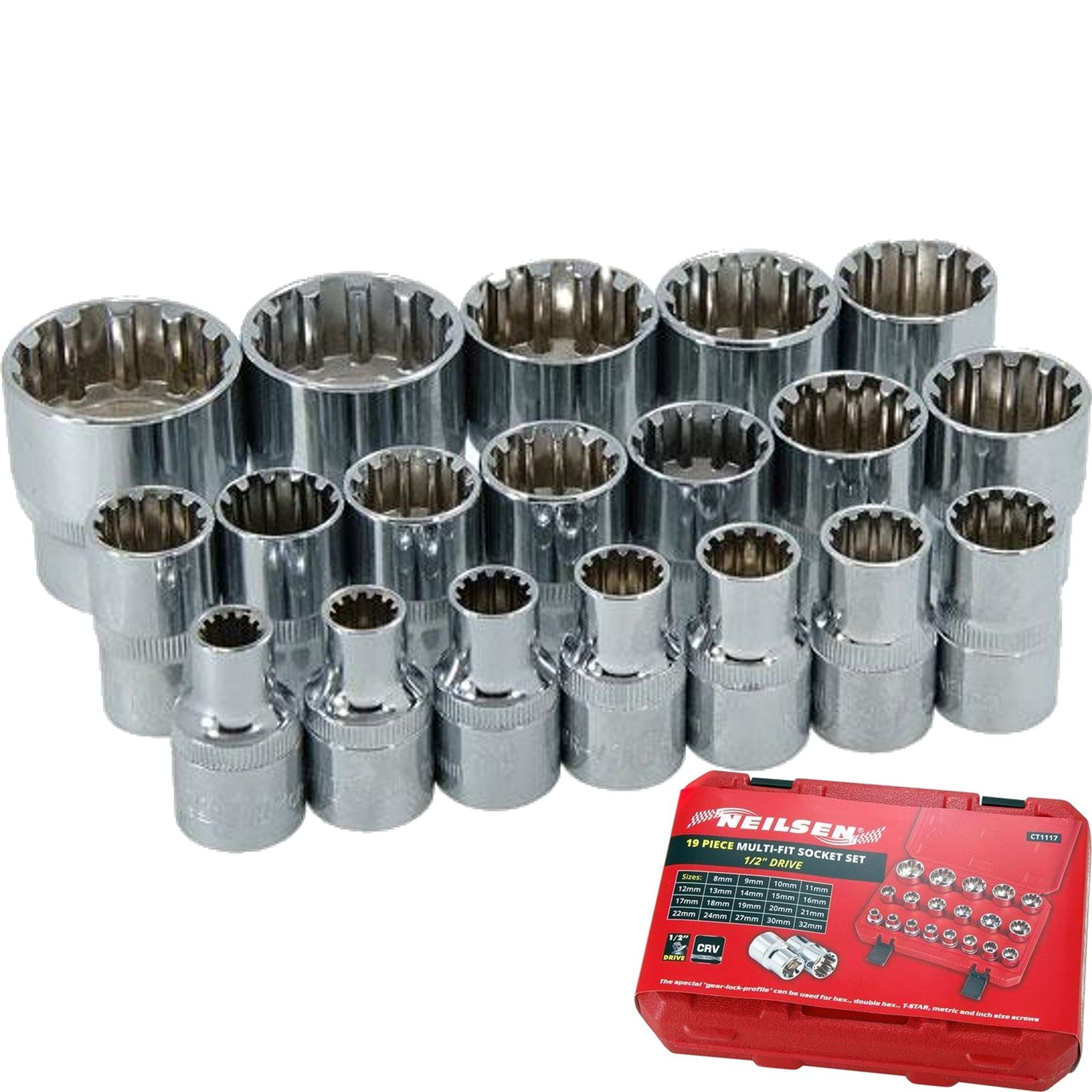 Neilsen Metric Multi Drive Sockets 8mm - 32mm Socket Set In Bmc 19pc 1/2" by Neilsen