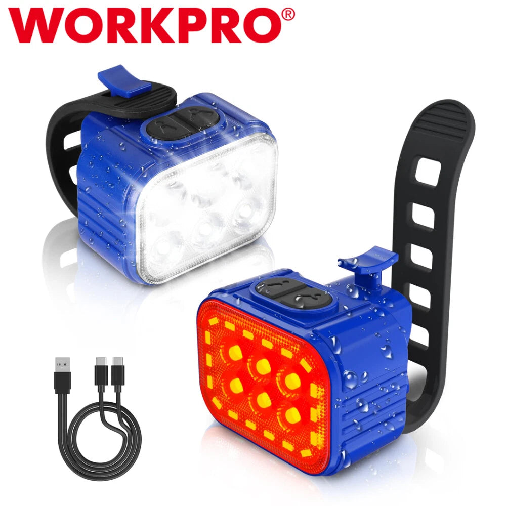 WORKPRO Rechargeable Bike Light Set Bicycle Headlight Ultra Bright 8+13 Mode NEW