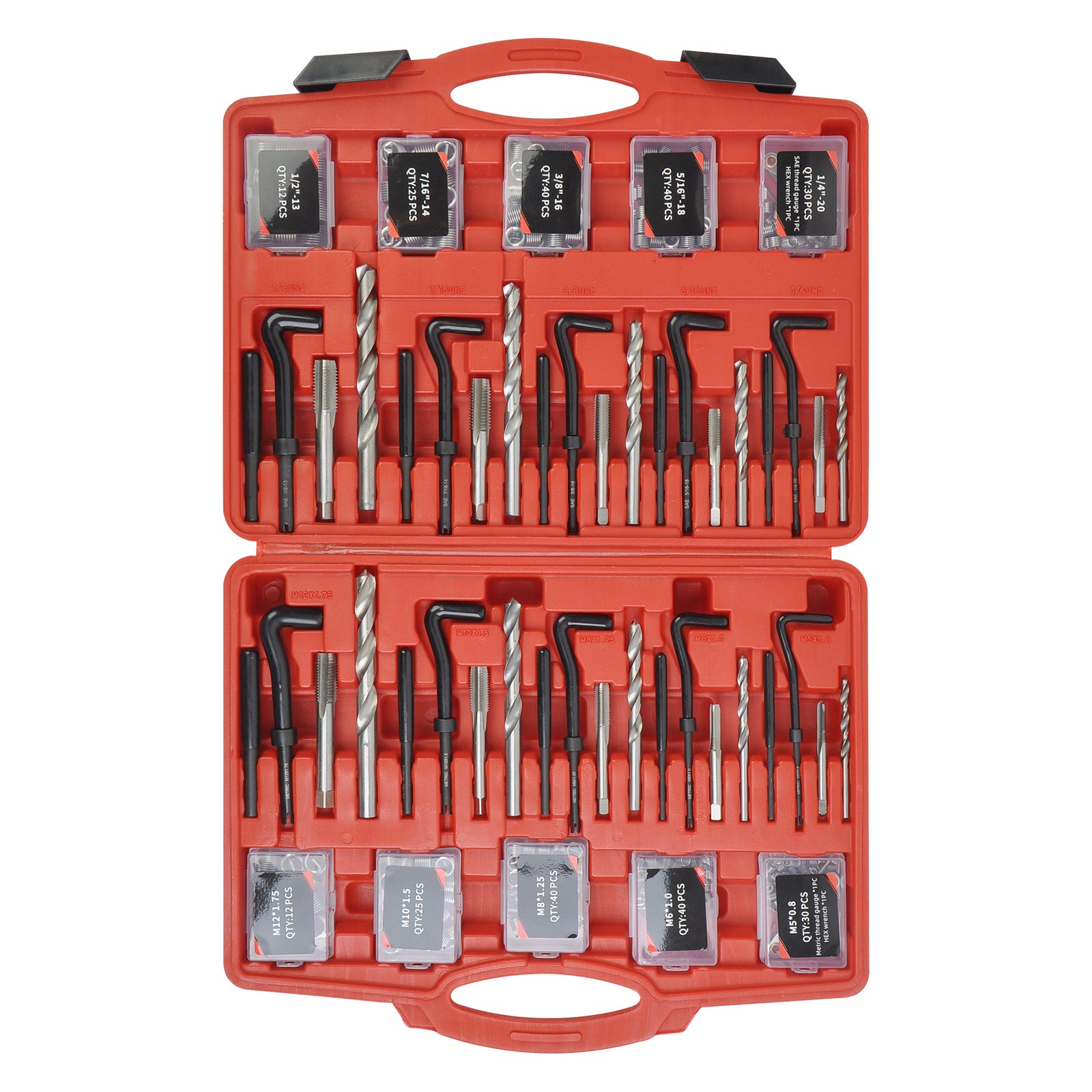 338PC Thread Repair Tool, Hss Drill Helicoil Kit, Sae 1/4"-1/2"/