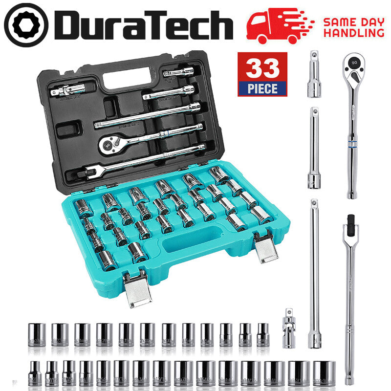 DURATECH 33PCS 1/2'' Socket Set SAE Metric Ratchet Extension Bar 6PT