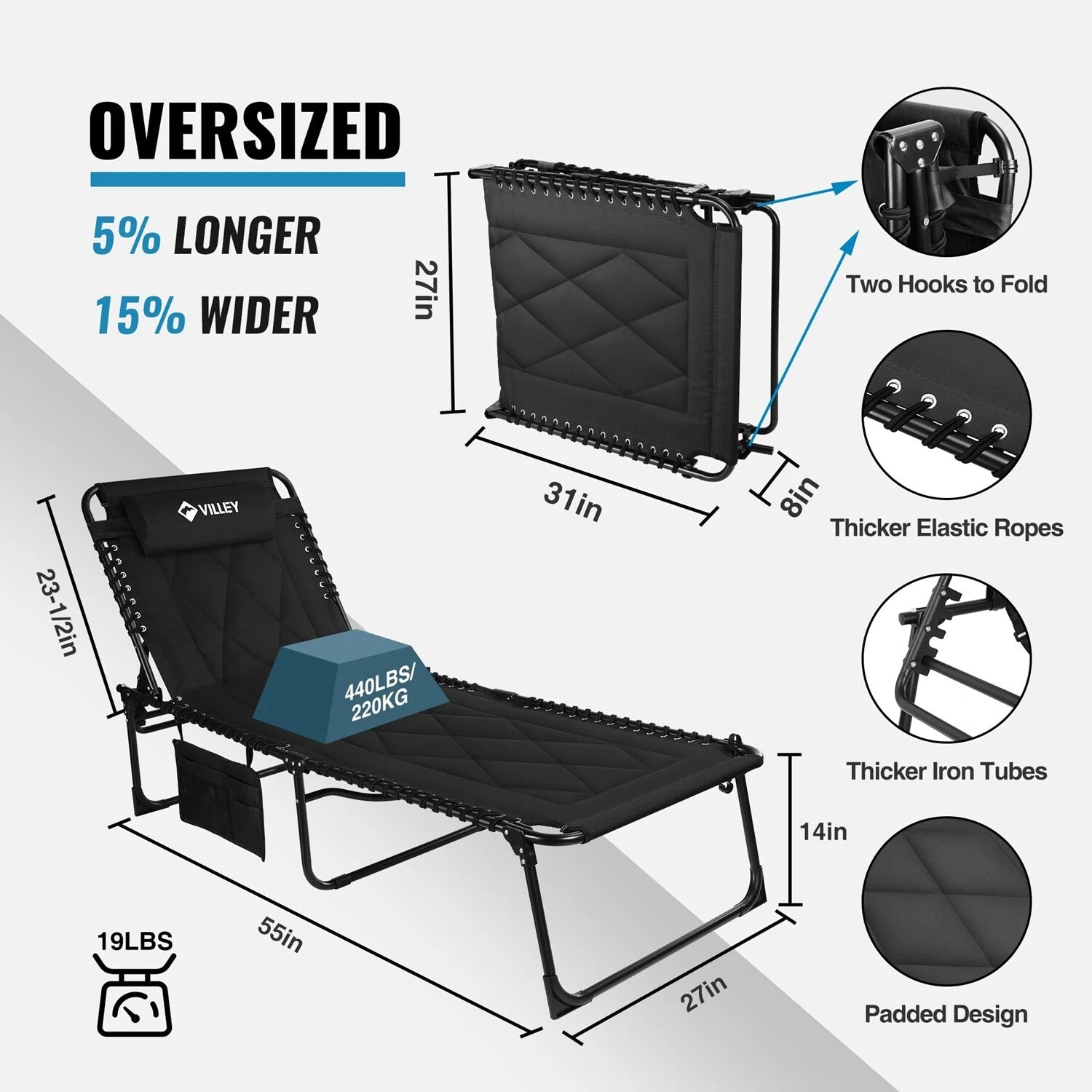 VILLEY Foldable Padded Chaise Lounge Camping Cot Patio Lounge Chair with Cushion