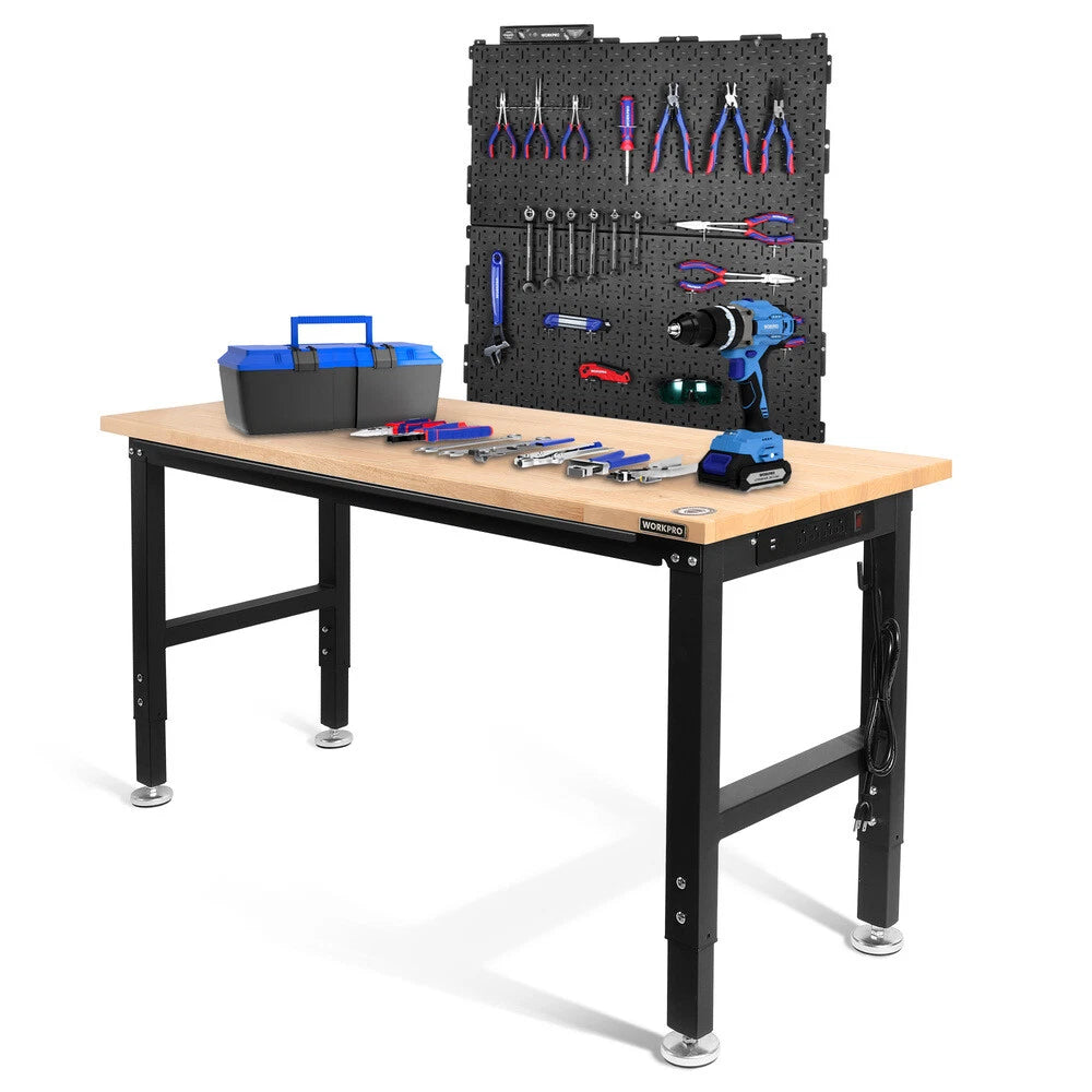 WORKPRO 60" Adjustable Workbench &amp; 2 Pack Metal Pegboard Rubber Wood Workstation