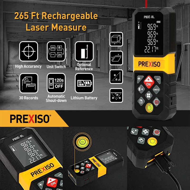 PREXISO 265Ft Rechargeable Laser Measure w/Multi-Measur<wbr/>ement Units M/in/Ft steel