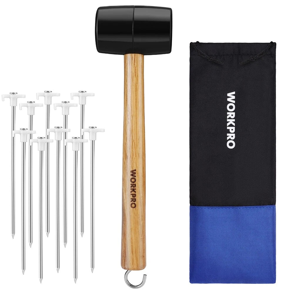 Workpro Tent Stakes And Hammer Set, 16oz Rubber Mallet Hammer, Wooden