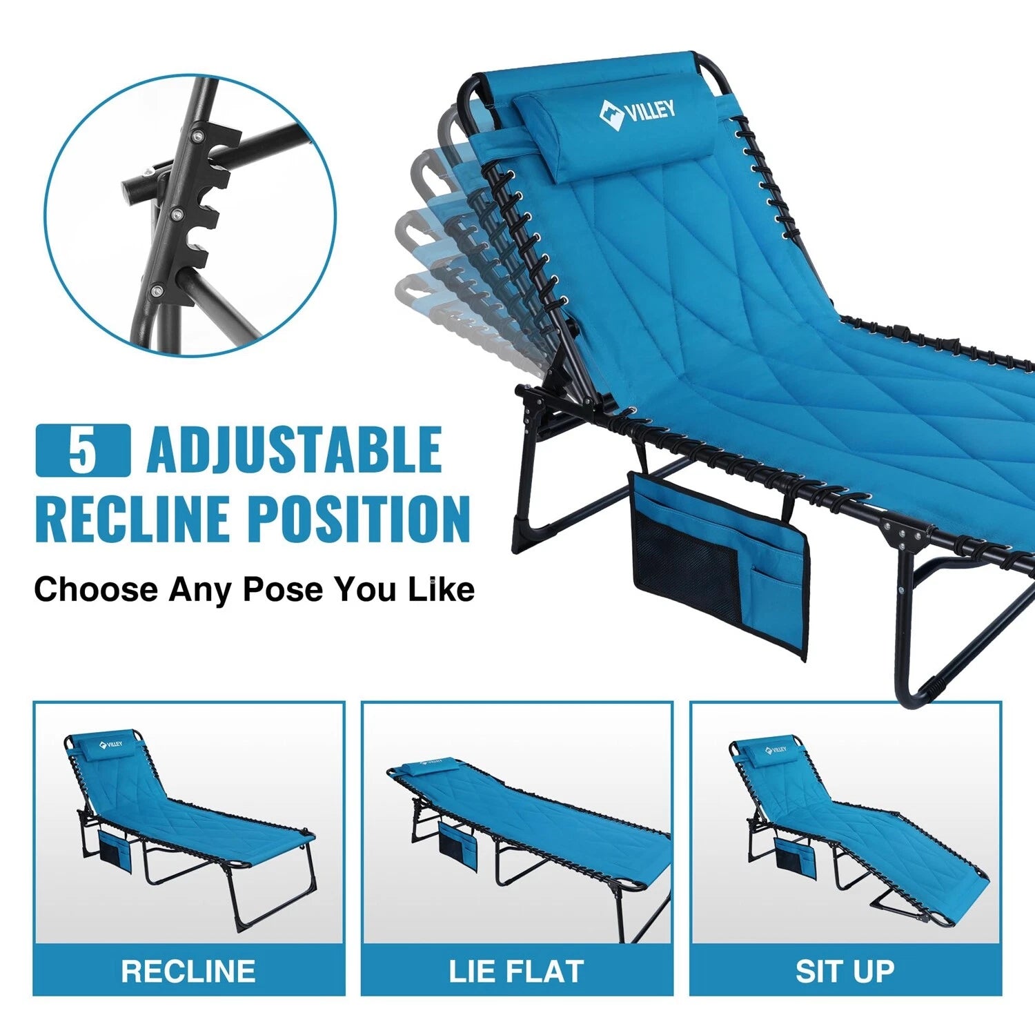 Villey New Oversized Chaise Lounge Padded Folding Camping Cot Patio