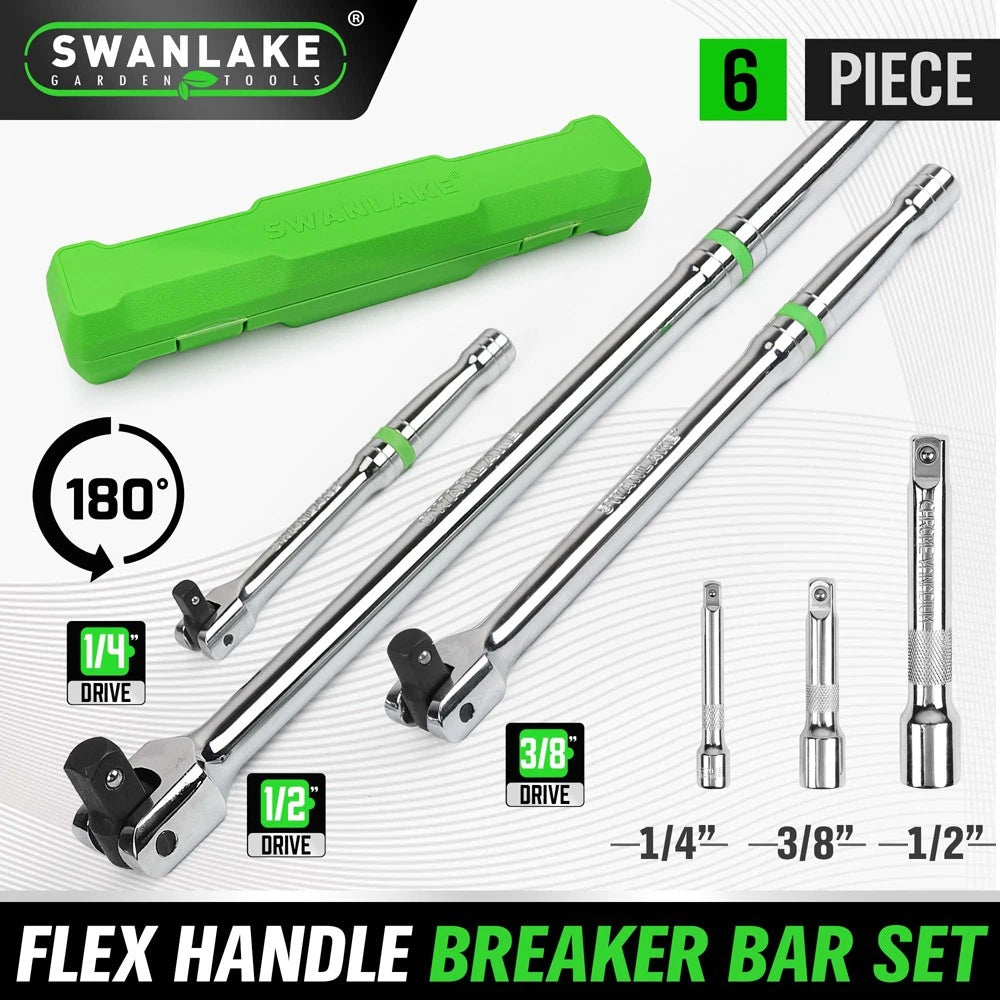 6-Piece Flex-Head Breaker Bar Set 1/2" 3/8" 1/4" Drive 15" 10" 6" 180 Rotatable