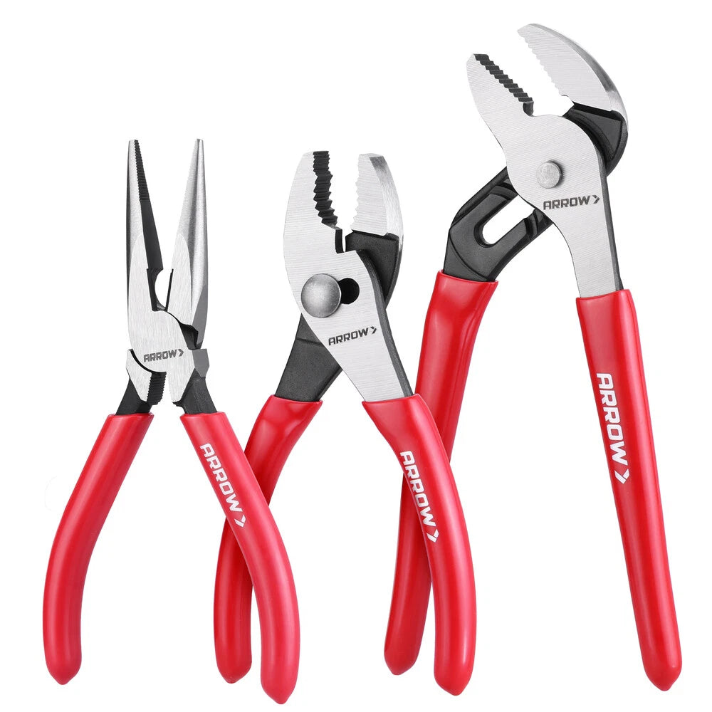Arrow 3-piece Plier Set 6" Slip Joint 6" Needle Nose Plier 8" Groove