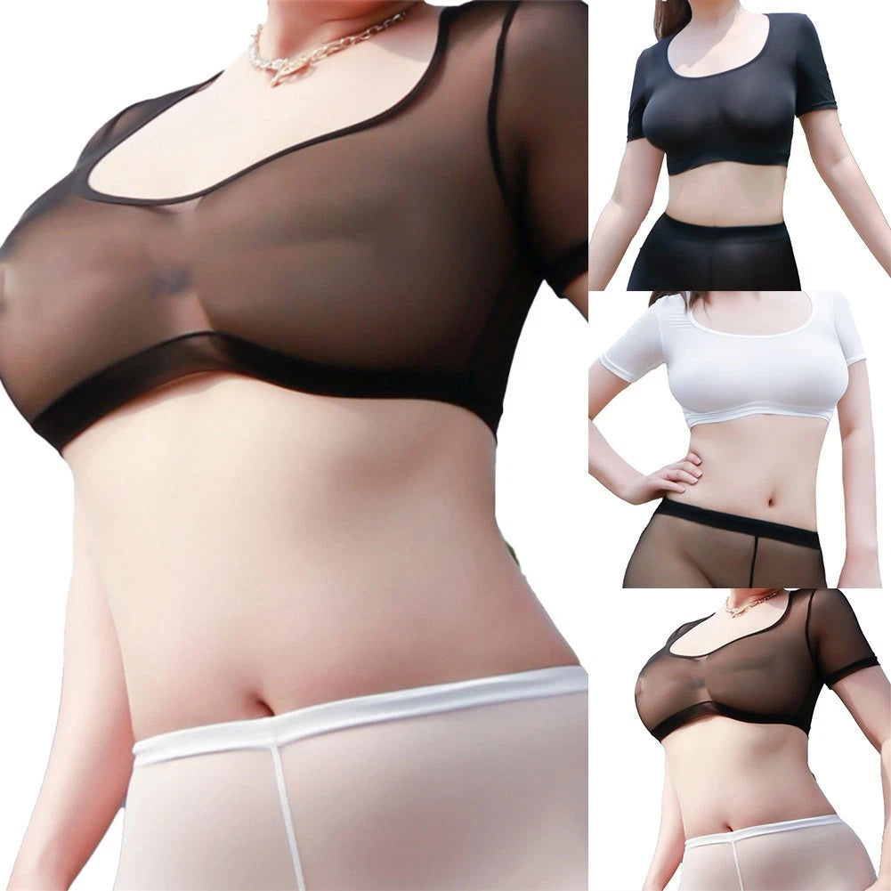 Women's Ice Silk Mesh Sheer See Through Crop Top T Shirt Blouse Tee