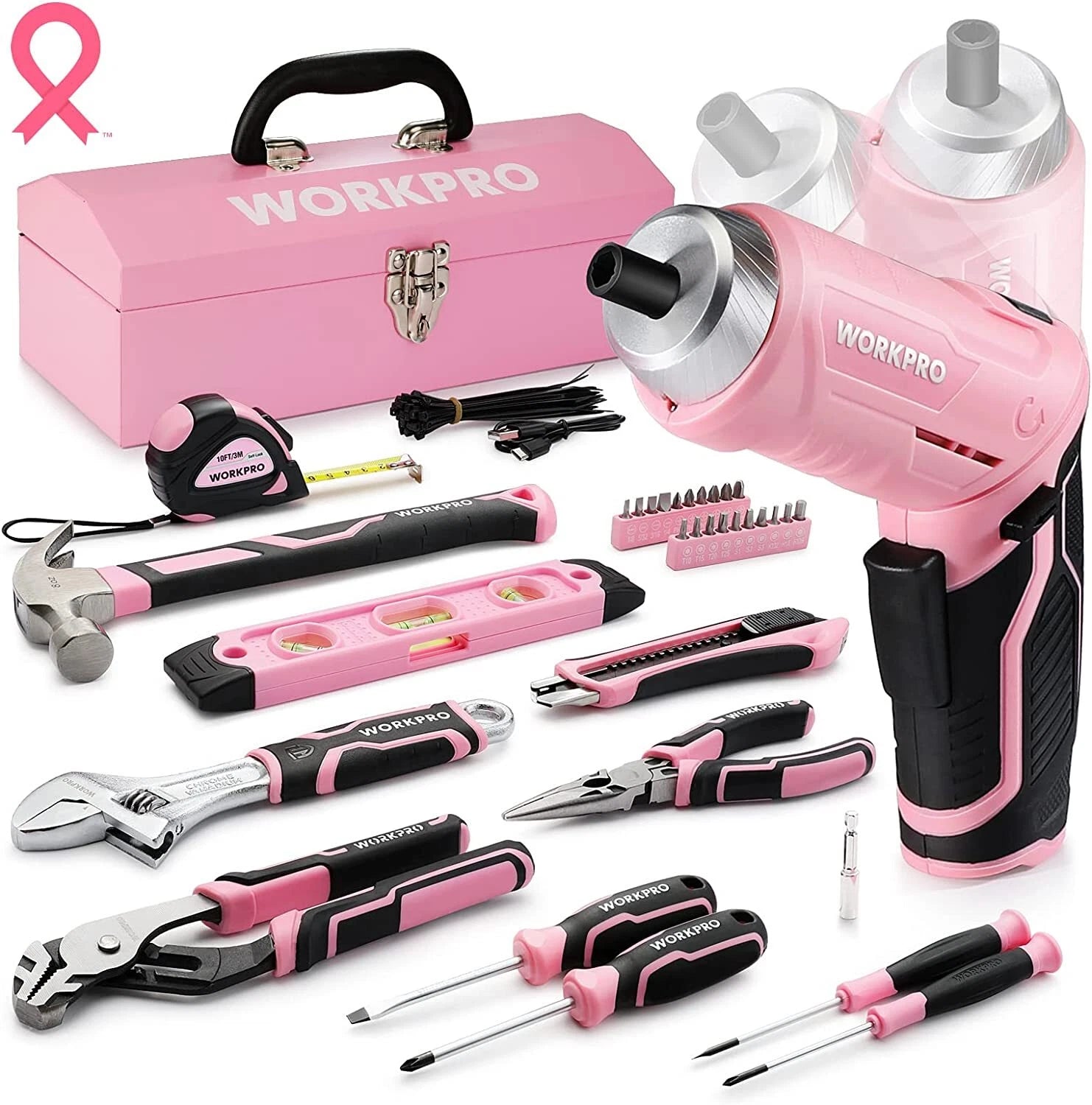 Workpro Pink Tools Set Rotatable Cordless Screwdriver&ho<wbr/>usehold