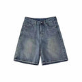 Retro Blue Casual Shorts For Women Polyester Twill Loose Straight Leg