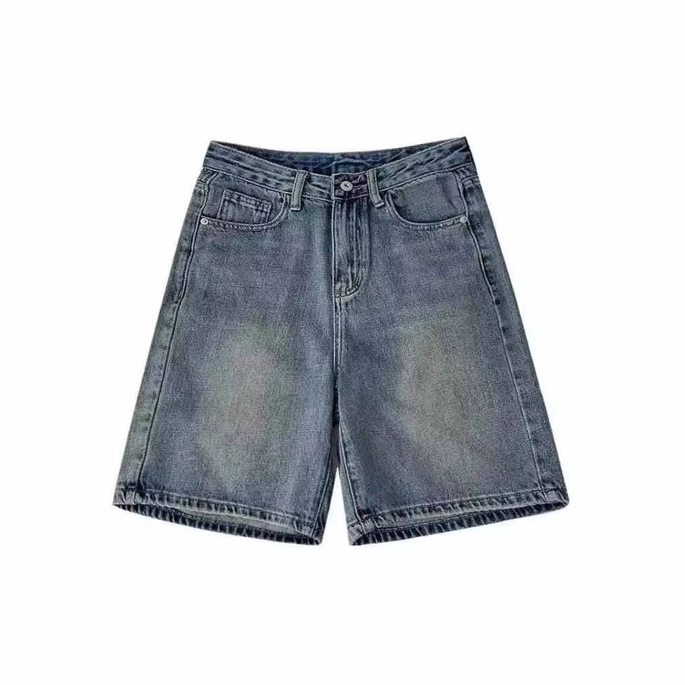 Retro Blue Casual Shorts For Women Polyester Twill Loose Straight Leg
