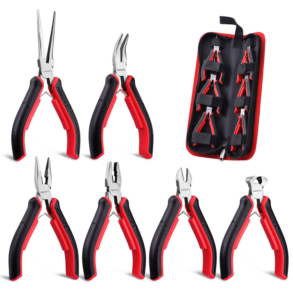 ARROW 6PC Mini Pliers Set Needle Diagonal Long Bent End Cutting &