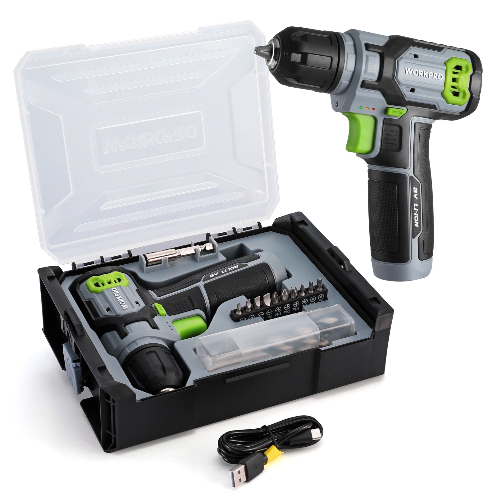 WORKPRO Power Drill Set&Stackable Tool Box 8V Cordless w/3/8" Keyless Chuck