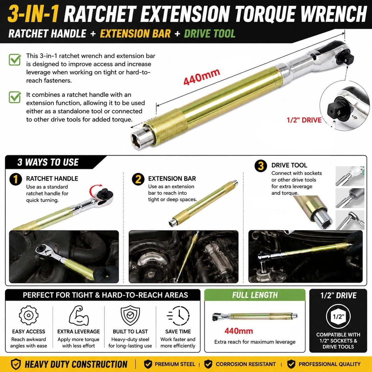 3-in-1 1/2" Dr. Ratchet Handle Offset Impact Torque Wrench Extension Bar