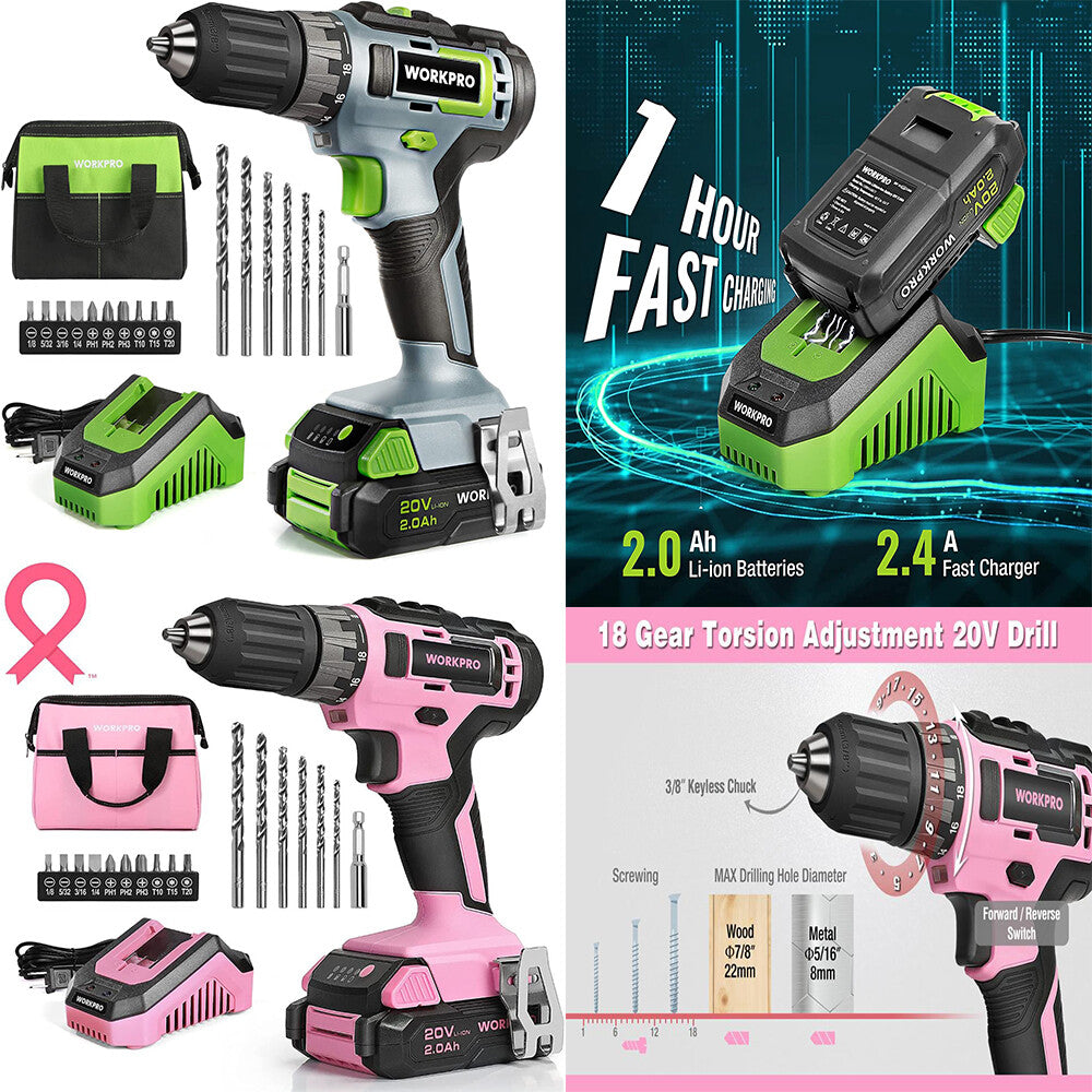20V Cordless Drill Driver Kit with 3/8'' Keyless Chuck by Unbranded