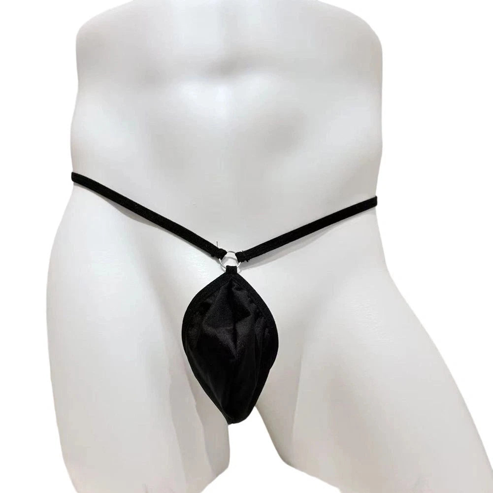 Black Low Rise Men Thong G String Polyester Underwear With Ring Buckle