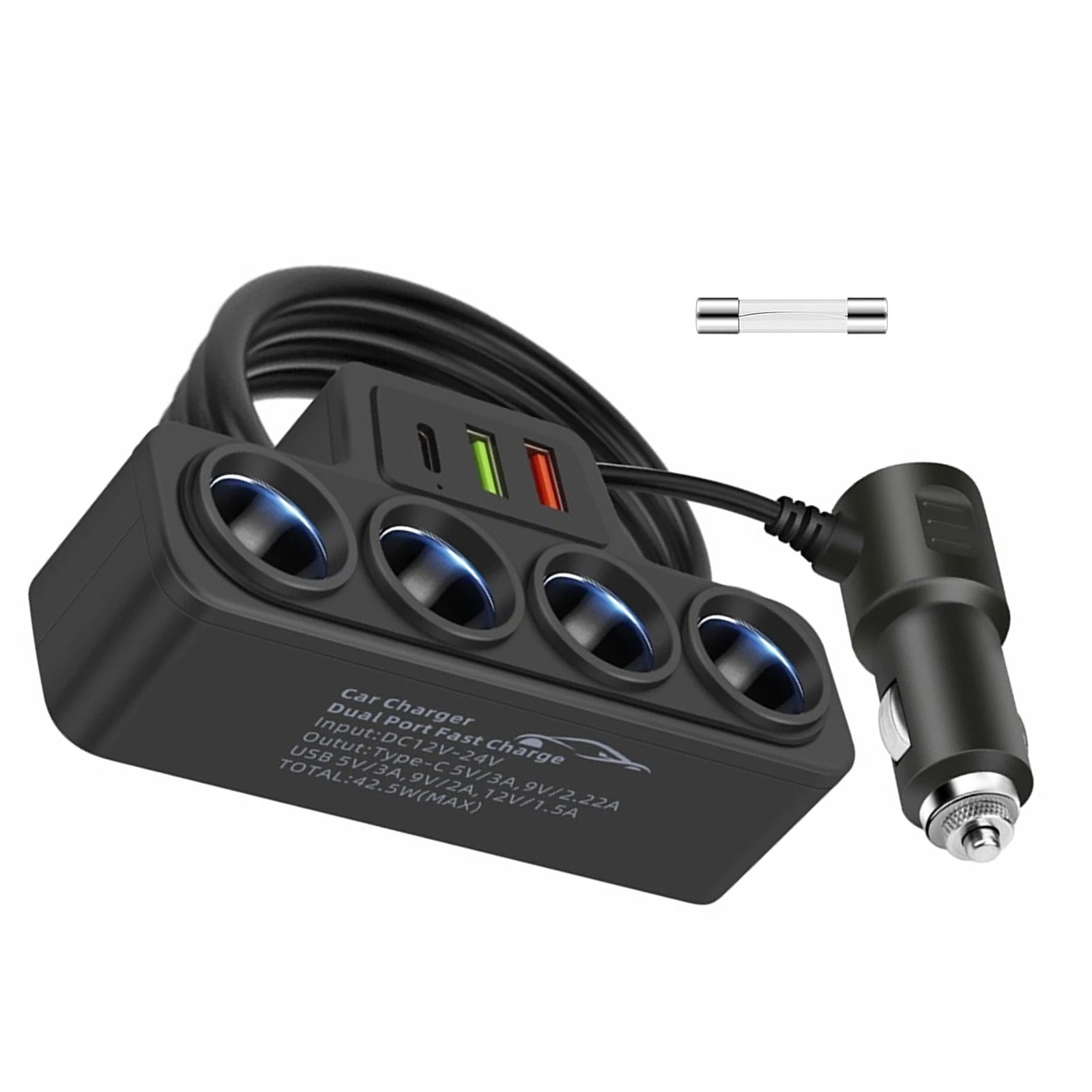 7-in-1 4-way Car Cigarette Lighter Splitter Usb Fast Charger Power