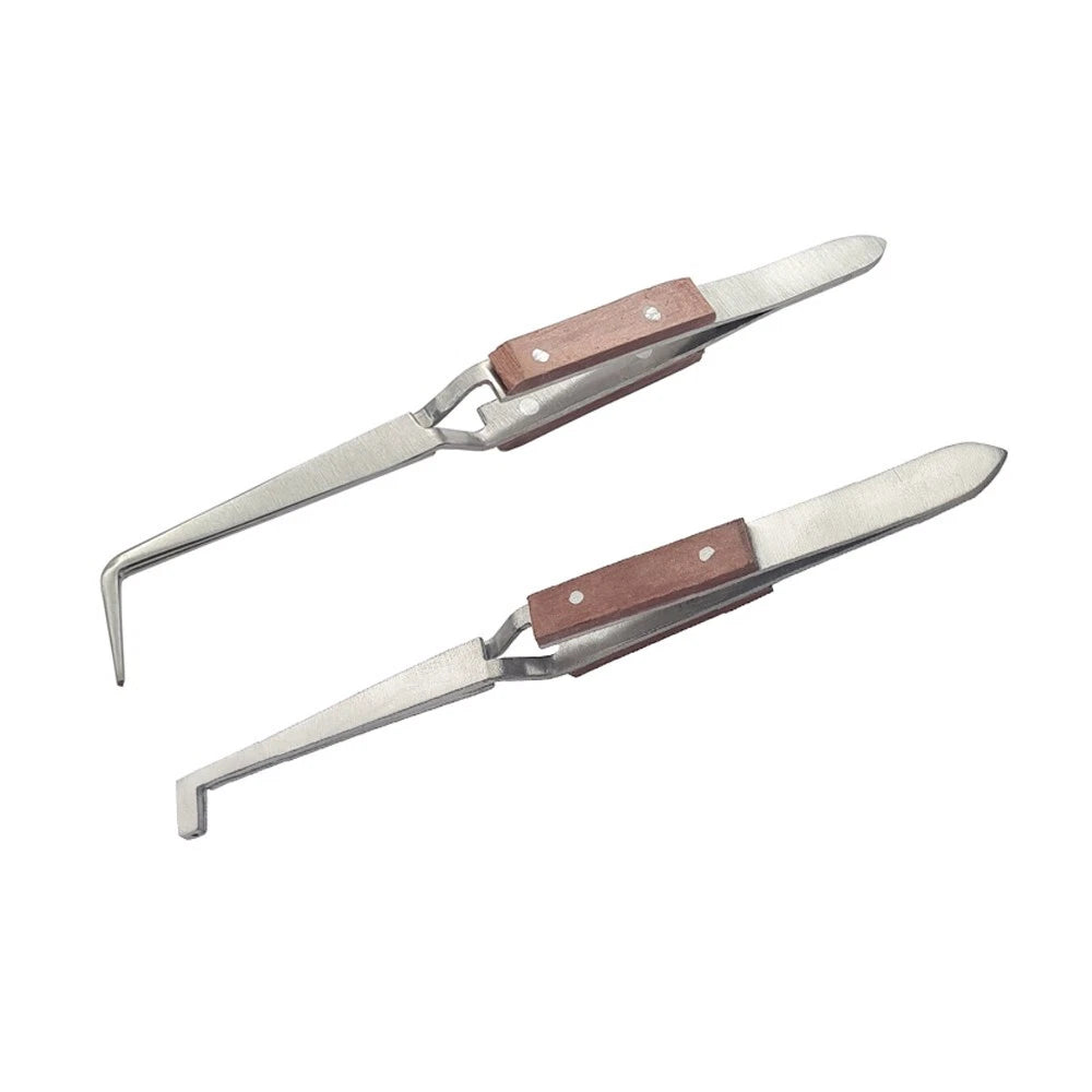 Set Of 2 Fiber Grip Cross Locking Tweezers 90º Bent Tip & 90º Hole