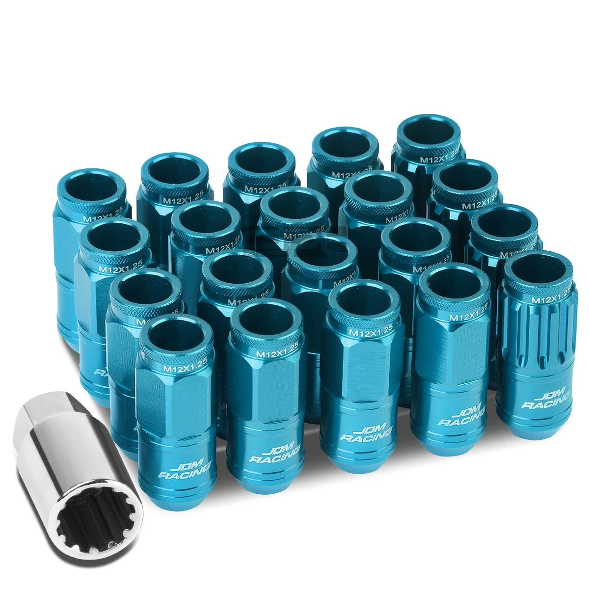Aluminum Sky Blue 16 Lug+4 Lock Nuts+adapter M12x1.25 21mm Od/50mm