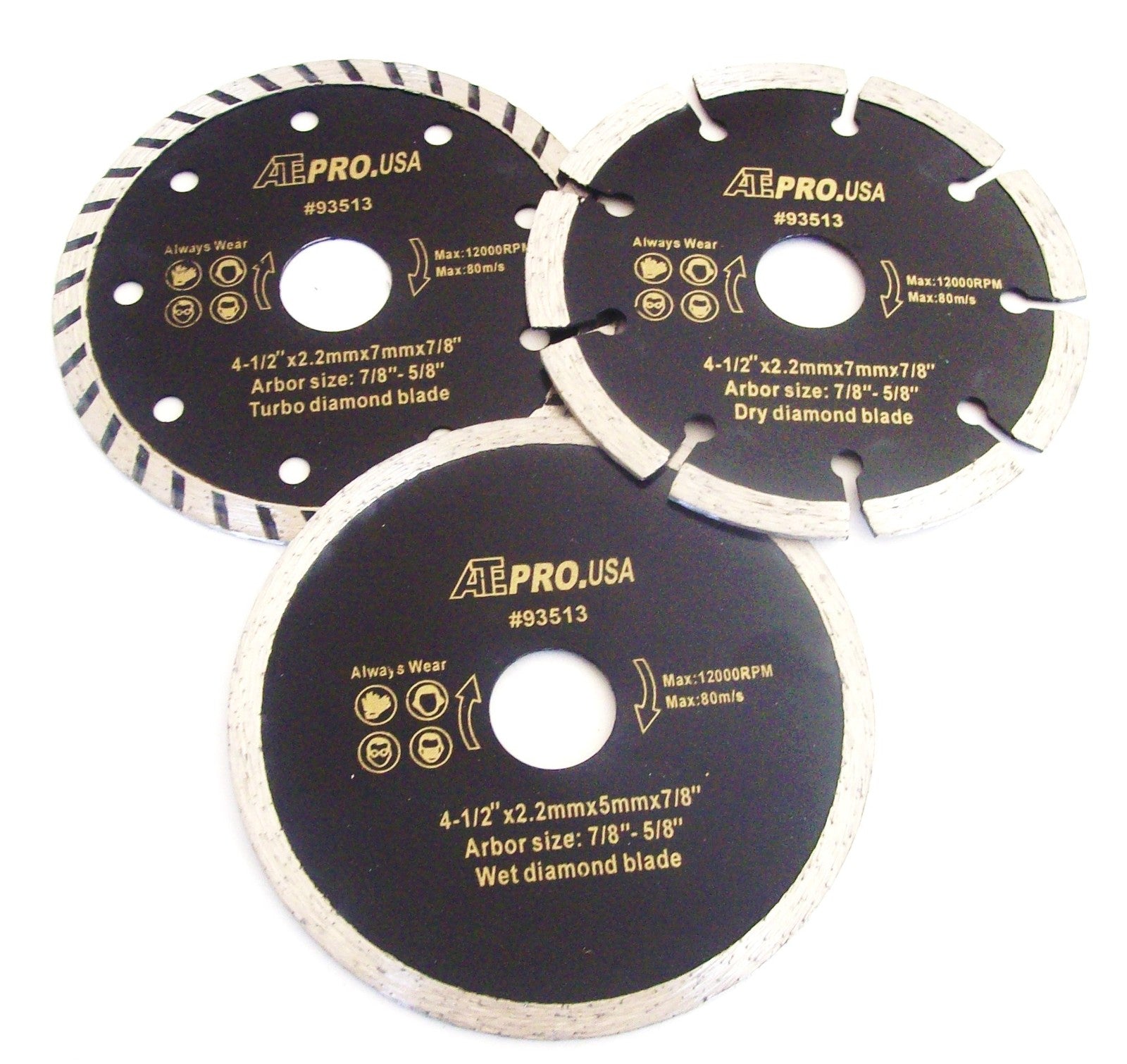 3 ATE PRO 4-1/2" DIAMOND TURBO WET DRY SAW BLADES WHEELS SET 93513 TILE CONCRETE