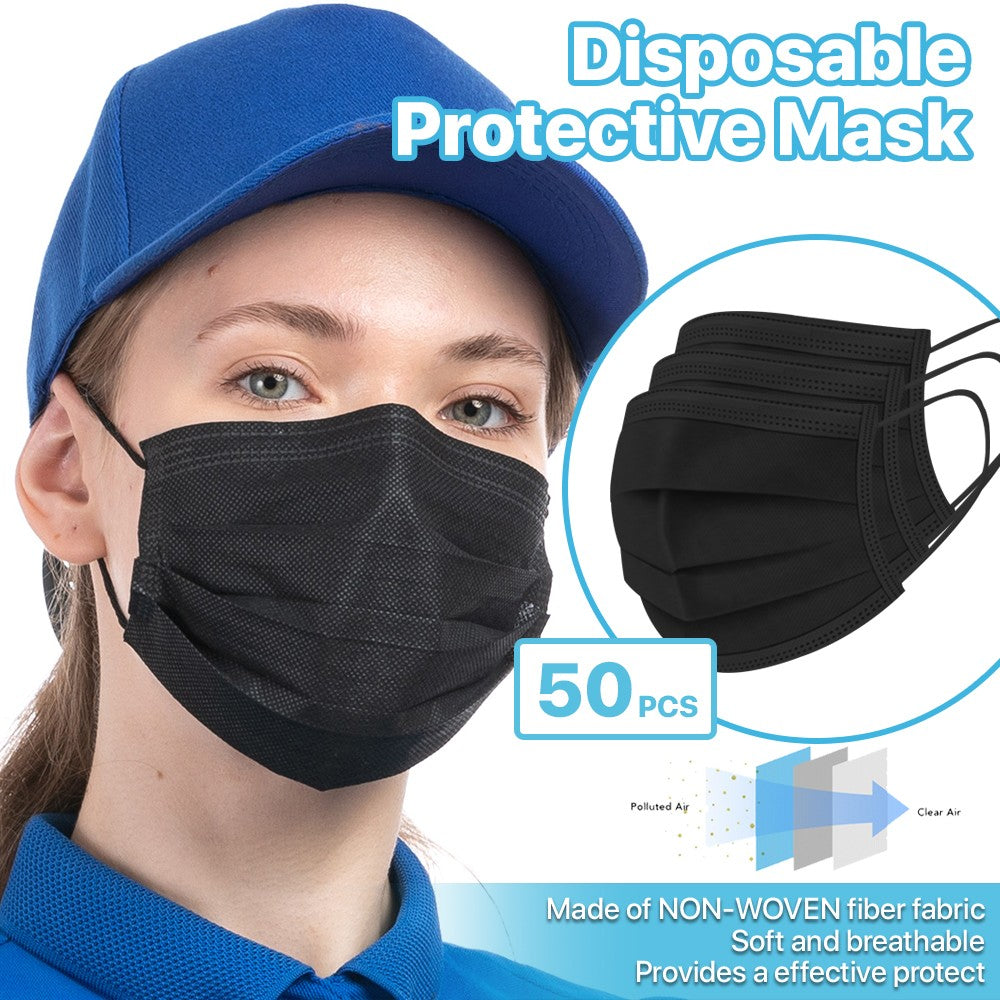 [Black] 50 Pcs Disposable Face Masks 3-Ply Non Medical Surgical
