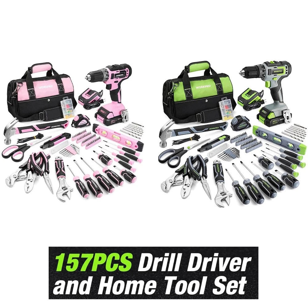 WORKPRO Pink/Grey 157PC Hand Tool Set 20V Cordless Drill Driver Home Tool Kit US
