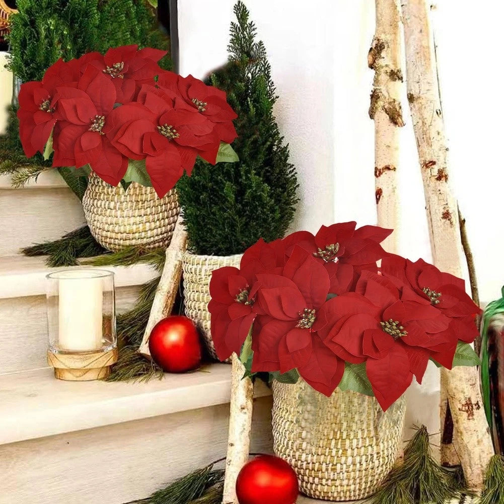 Flannel Poinsettia Artificial Flower For Indoor Decor Red Pink Green