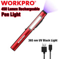 WORKPRO USB Rechargable LED Flashlight UV Black Light 450 Lumen Pocket