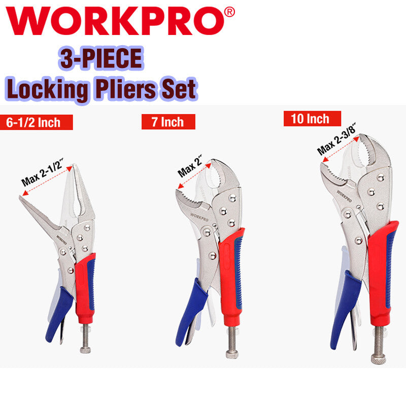 WORKPRO 3PCS Locking Pliers Set 10" Curved Jaw 7" Curved Jaw 6-1/2"