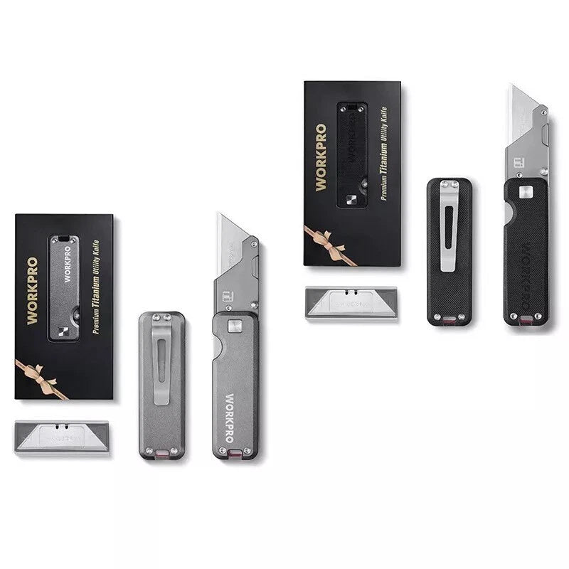 WORKPRO Premium Titanium Utility Knife Black/Gray CNC Unibody w/10 Extra Blades