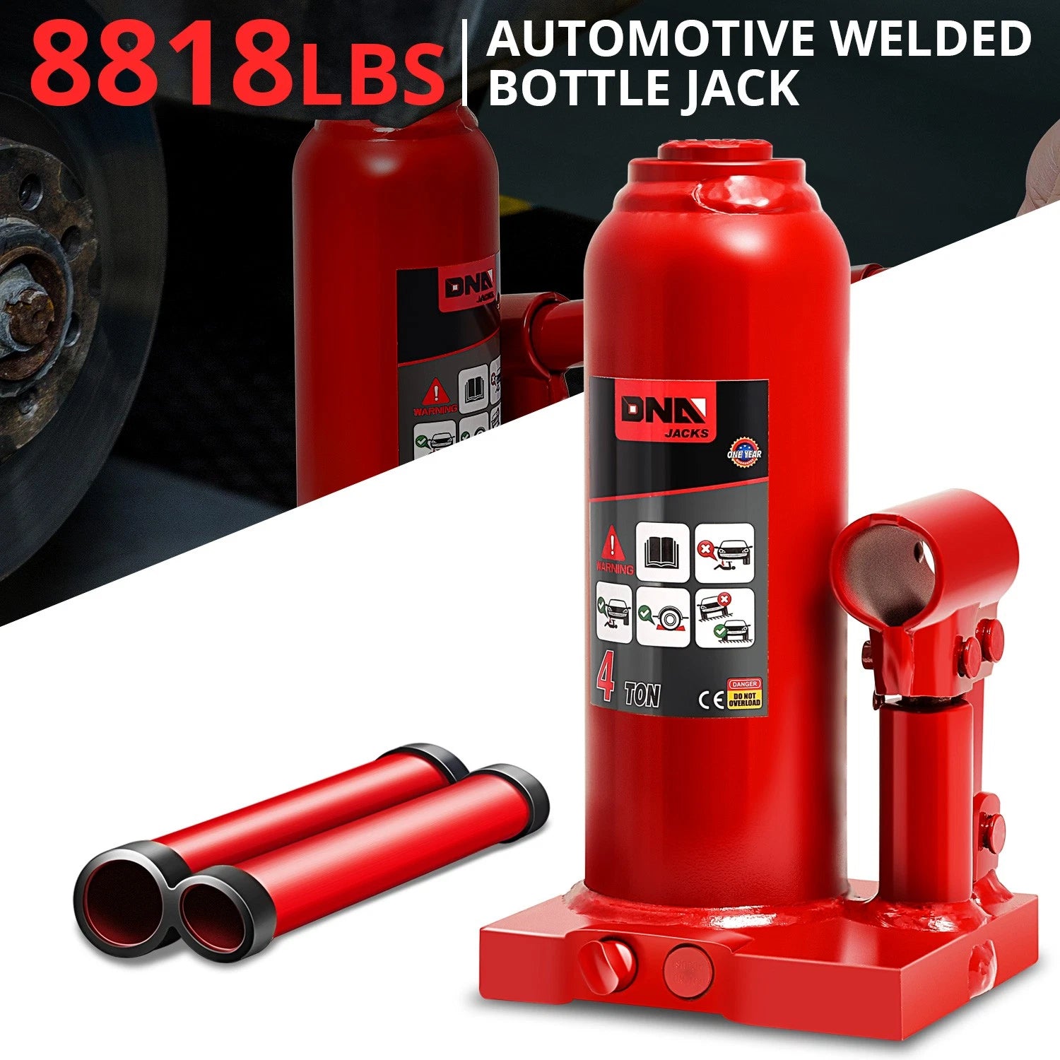 Red 15" 4 Tons Manual Automotive Hydraulic Welded Bottle Jack Car