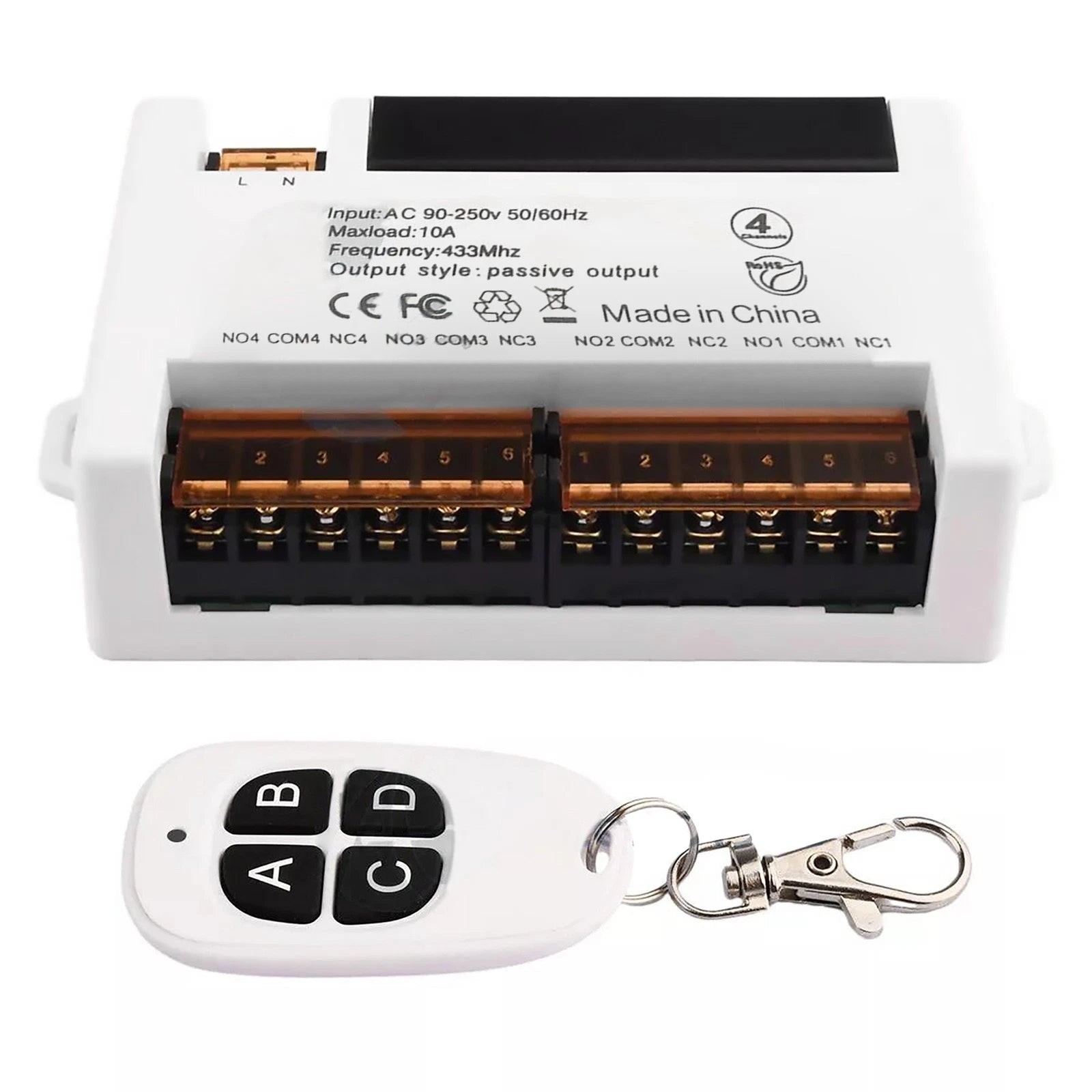 White 4-channel Wireless Relay Remote Control Switch Receiver 433mhz